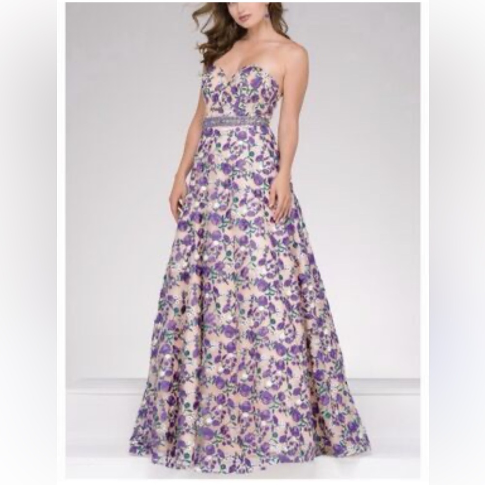 Jovani Purple Floral Embroidered Cream Prom Dress